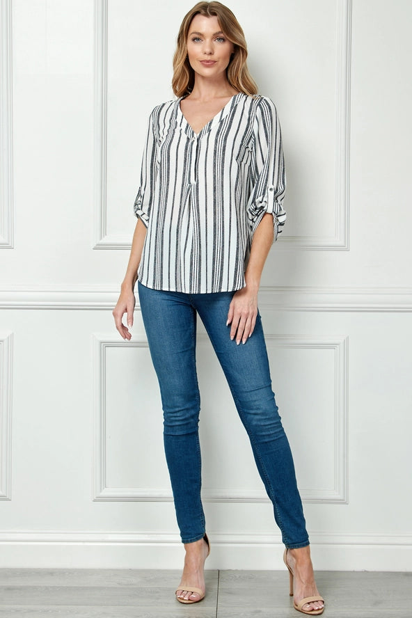 Colección Winslow - Blusa de Mujer con Rayas, Escote en V y Mangas con Botón - G943145G76