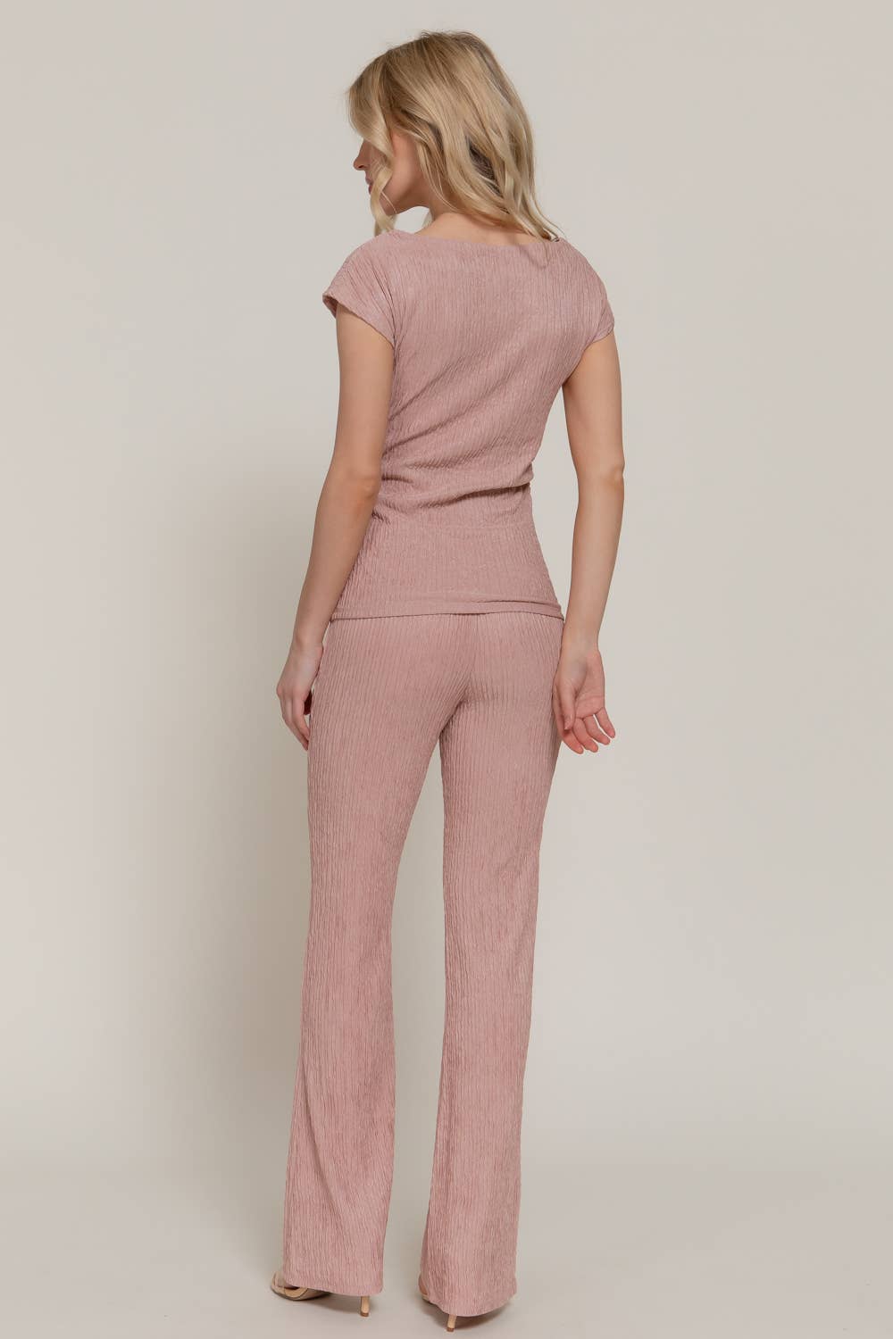 Active USA - Women's Short Dolman Sleeve Top & Flare Long Pants Wavy Crinkle Set - SET14762