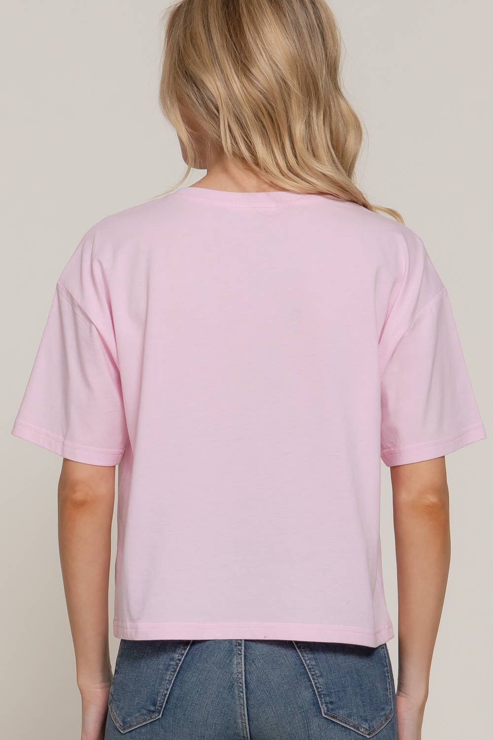 Active USA - Women's Short Sleeve Crew Neck Lace Patch Oversize Cotton Jersey Top - T14465