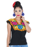 Women's Artisanal Embroidered Blouse 100% Cotton Black/Orange 601404