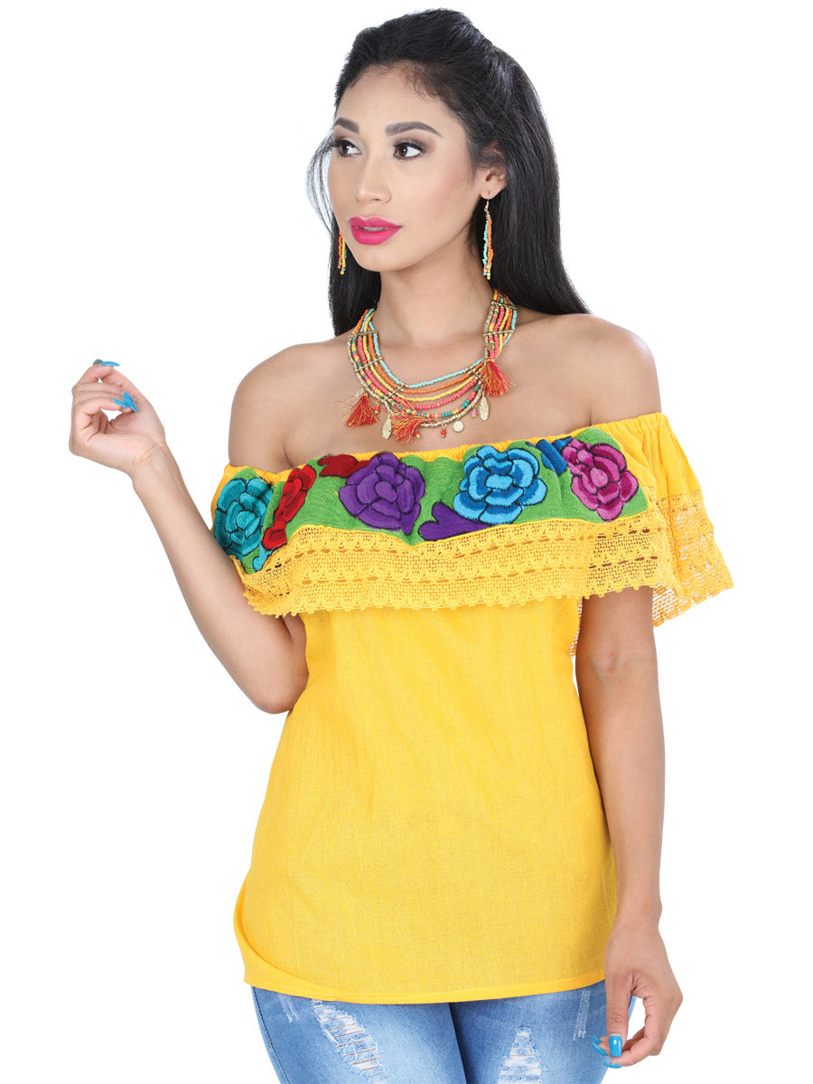 Women's Artisanal Embroidered Blouse 100% Cotton Yellow 601425
