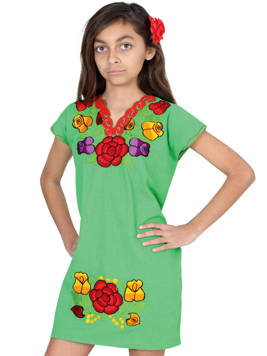 Girls Artisanal Embroidered Dress  50% Cotton, 50% Polyester Green  601663