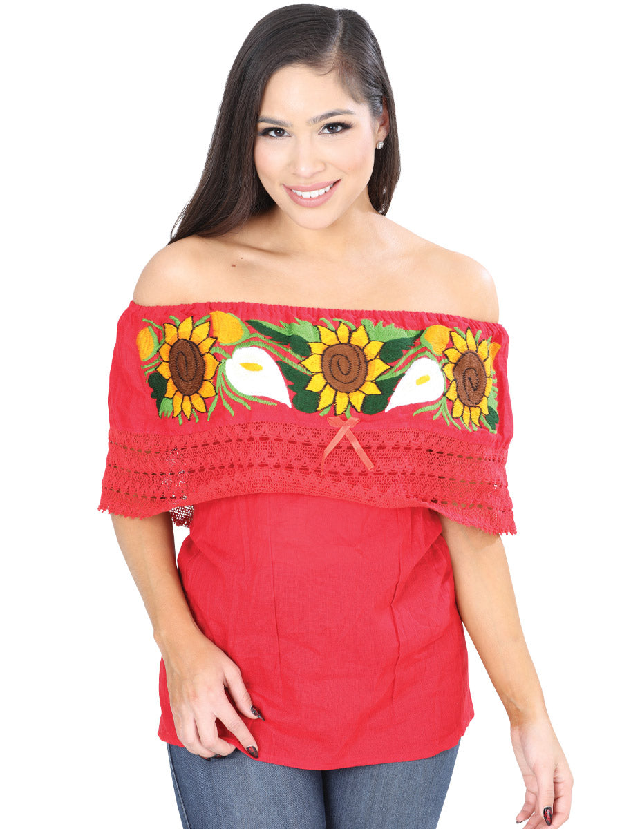 Women's Artisanal Embroidered Blouse 50% Cotton, %50 Polyester Red  601703