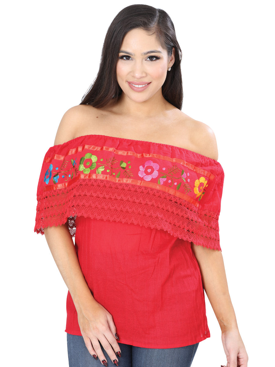 Women's Artisanal Embroidered Blouse 50% Cotton, %50 Polyester Red  601704