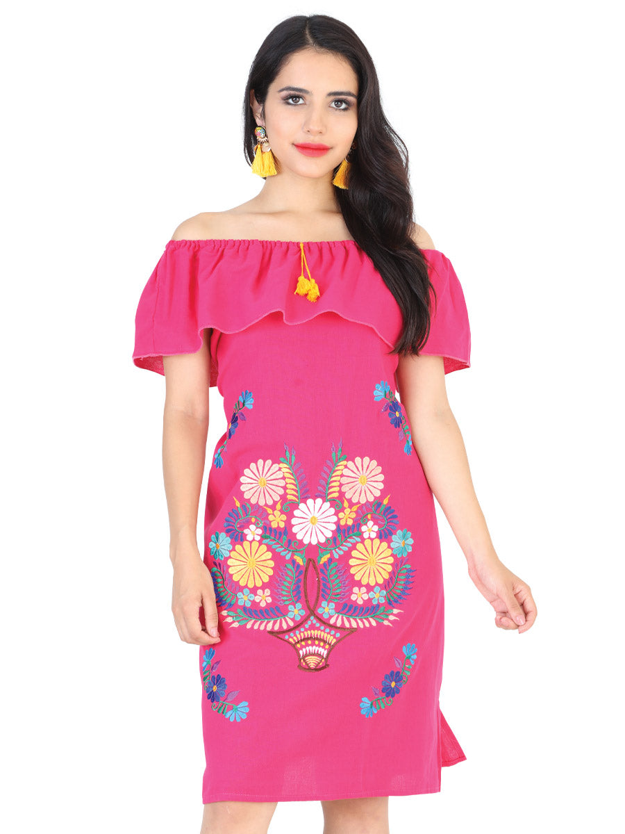 Women's Artisanal Embroidered Dress 50% Cotton, 50% Polyester Fuchsia  601961