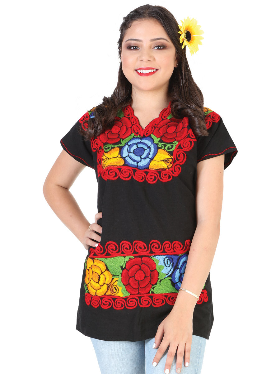 Women's Artisanal Embroidered Blouse 100% Cotton Black 602302