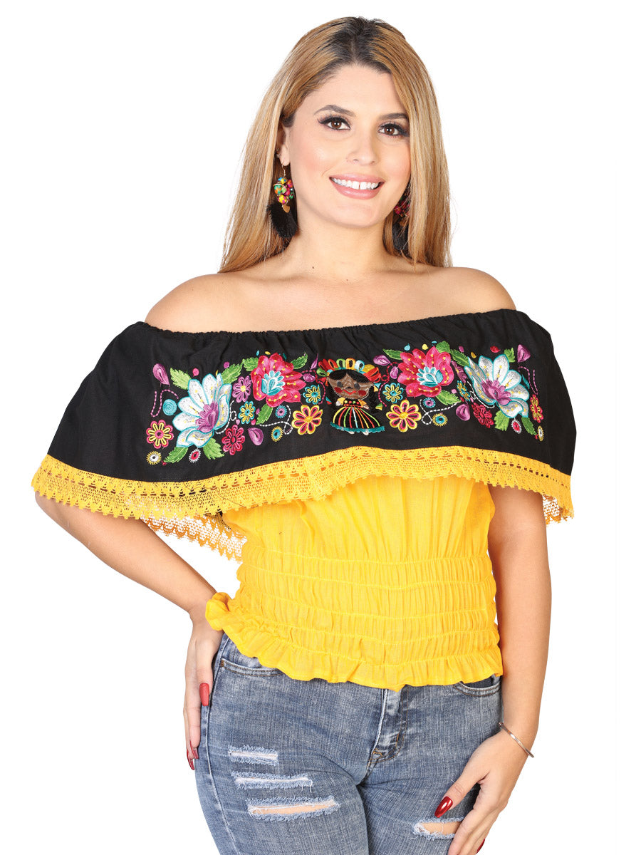 Women's Artisanal Embroidered Blouse 100% Cotton Yellow 602450