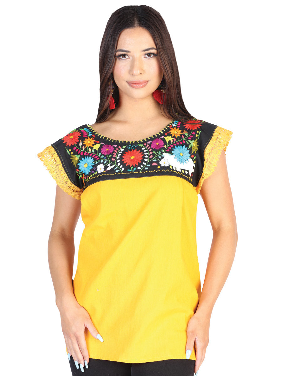 Women's Artisanal Embroidered Blouse 50% Cotton 50% Polyester Yellow  602479