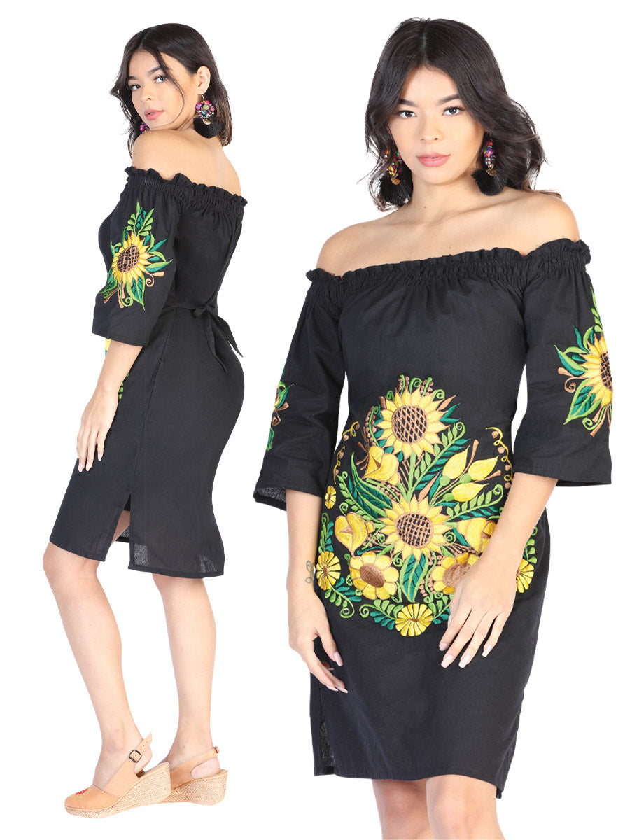 Women's Artisanal Embroidered Dress 100% Cotton Black 602481