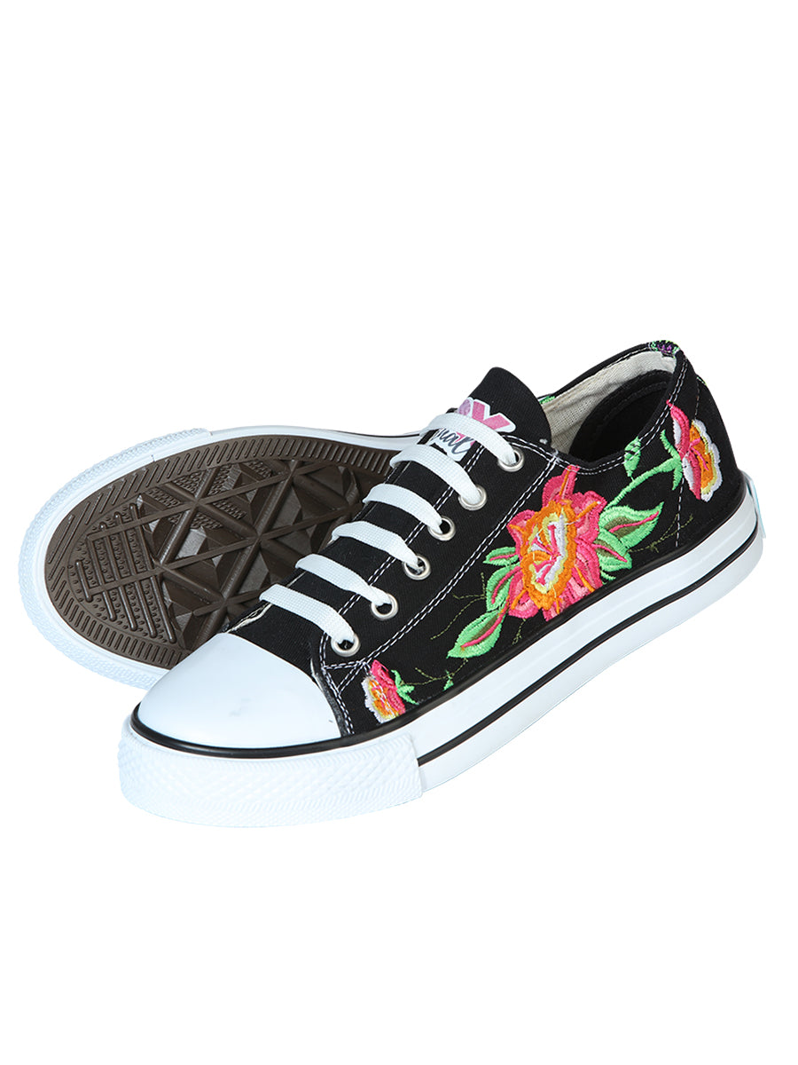 Women's Artisanal Embroidered Sneakers Textile Canvas Black 602784