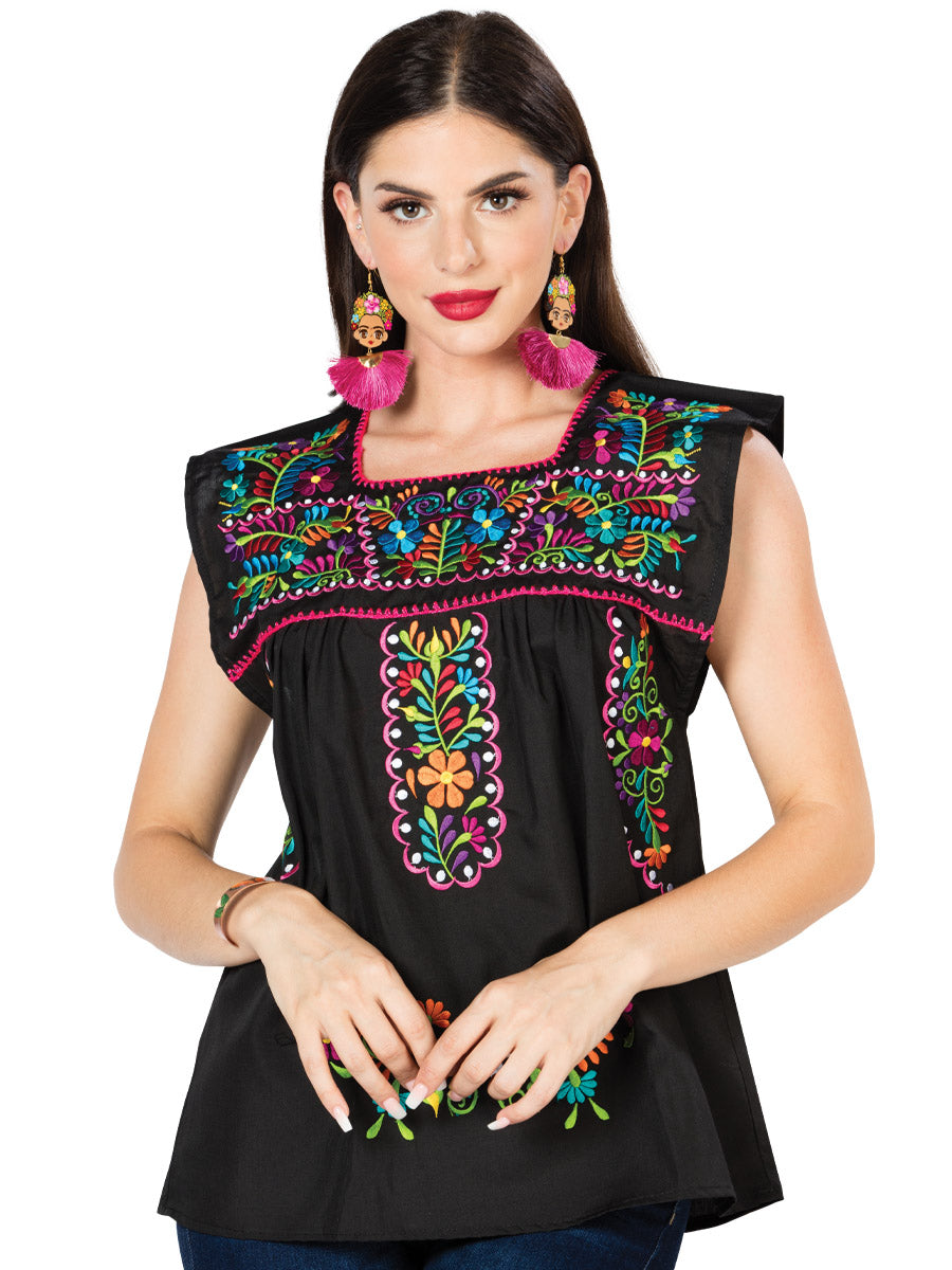 Women's Artisanal Embroidered Blouse 100% Cotton Black 603048