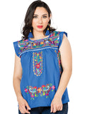 Women's Artisanal Embroidered Blouse 100% Cotton Blue 603050