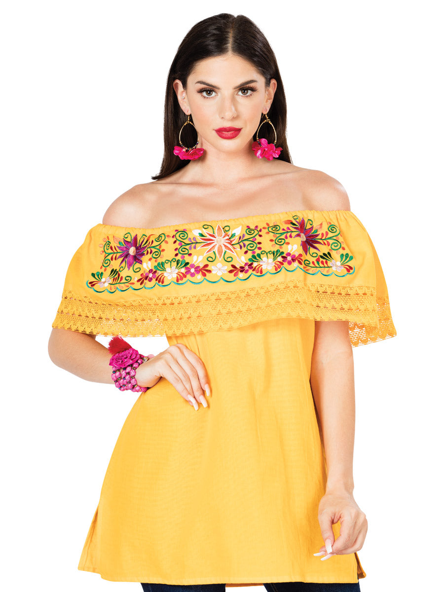 Women's Artisanal Embroidered Blouse 100% Cotton Yellow 603051