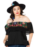 Women's Artisanal Embroidered Blouse 100% Cotton Black 603053