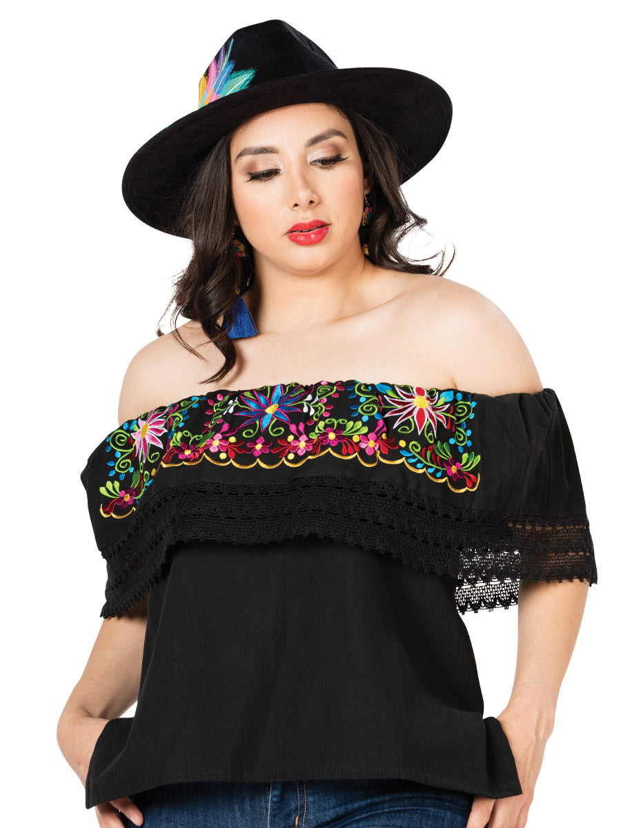 Women's Artisanal Embroidered Blouse 100% Cotton Black 603053