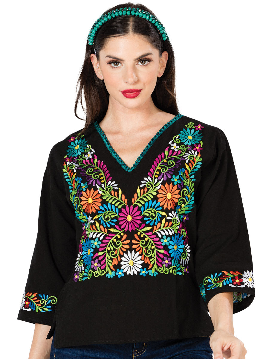 Women's Artisanal Embroidered Blouse 100% Cotton Black 603054