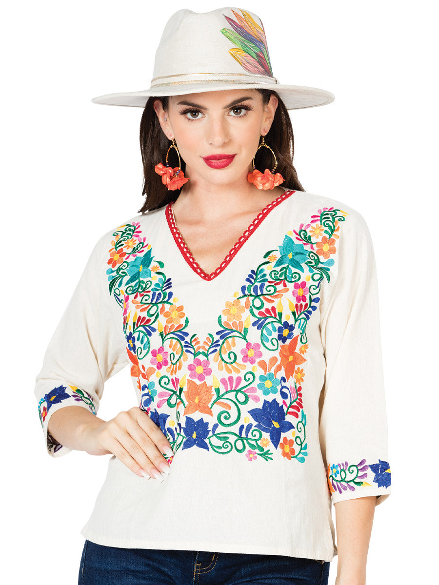 Women's Artisanal Embroidered Blouse 100% Cotton Beige 603055