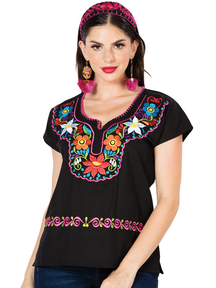 Women's Artisanal Embroidered Blouse 100% Cotton Black 603058