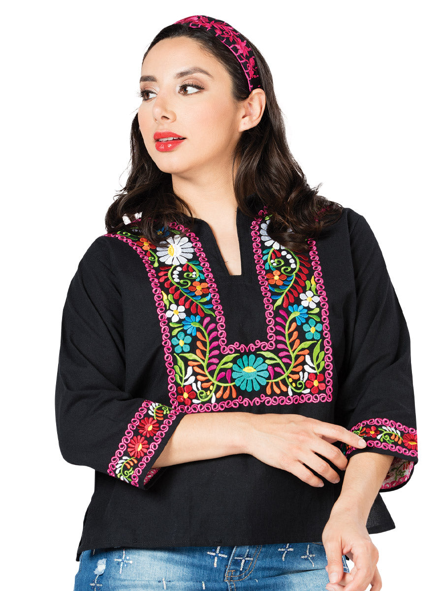 Women's Artisanal Embroidered Blouse 100% Cotton Black 603059