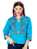 Women's Artisanal Embroidered Blouse 100% Cotton Blue 603061