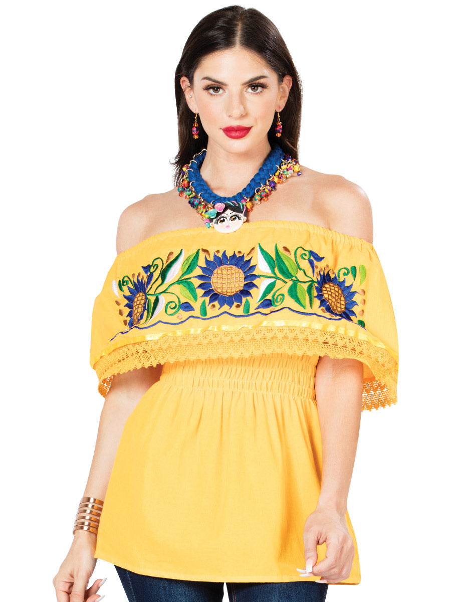 Women's Artisanal Embroidered Blouse 100% Cotton Yellow 603063