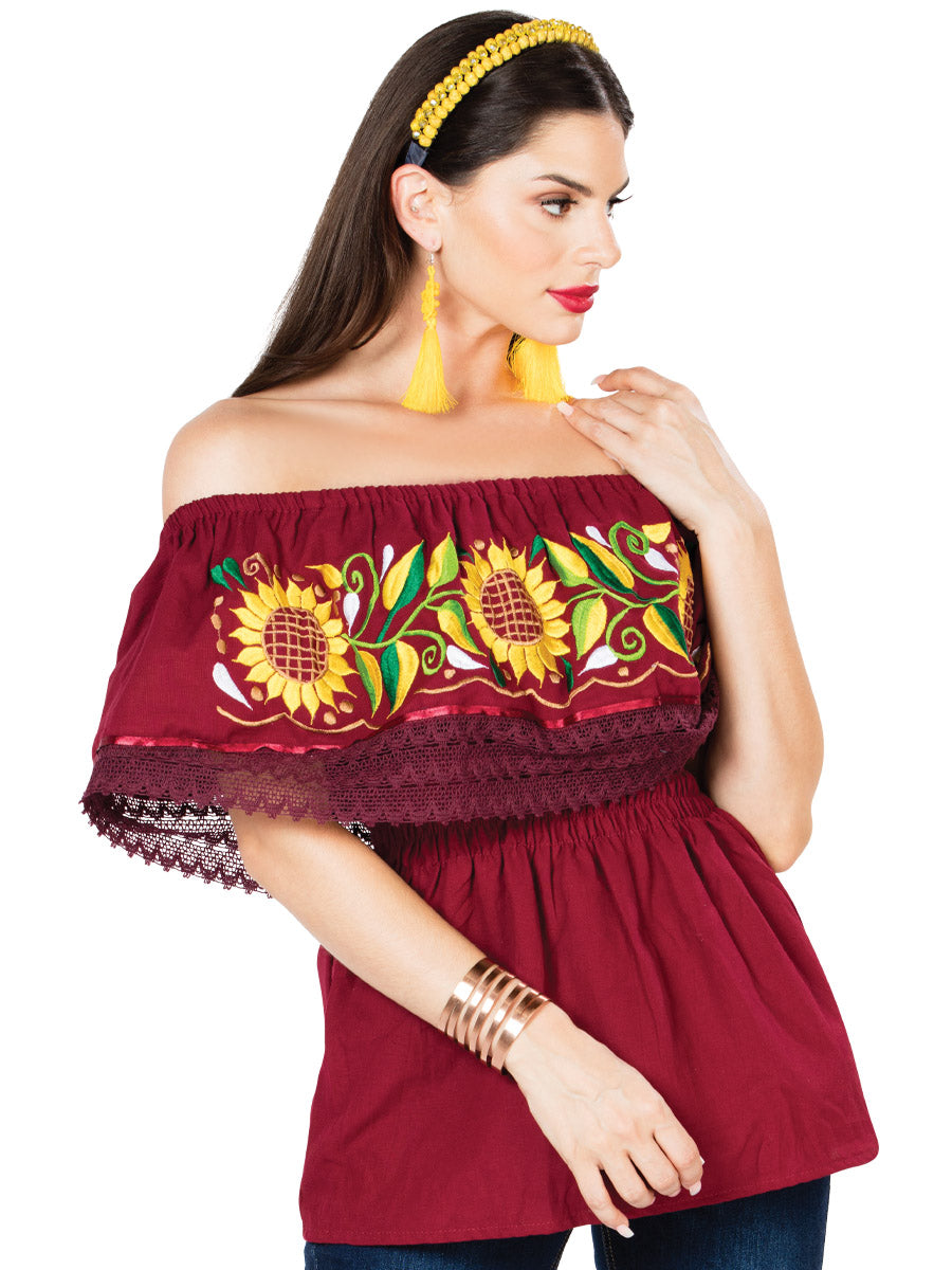 Women's Artisanal Embroidered Blouse 100% Cotton Wine 603065