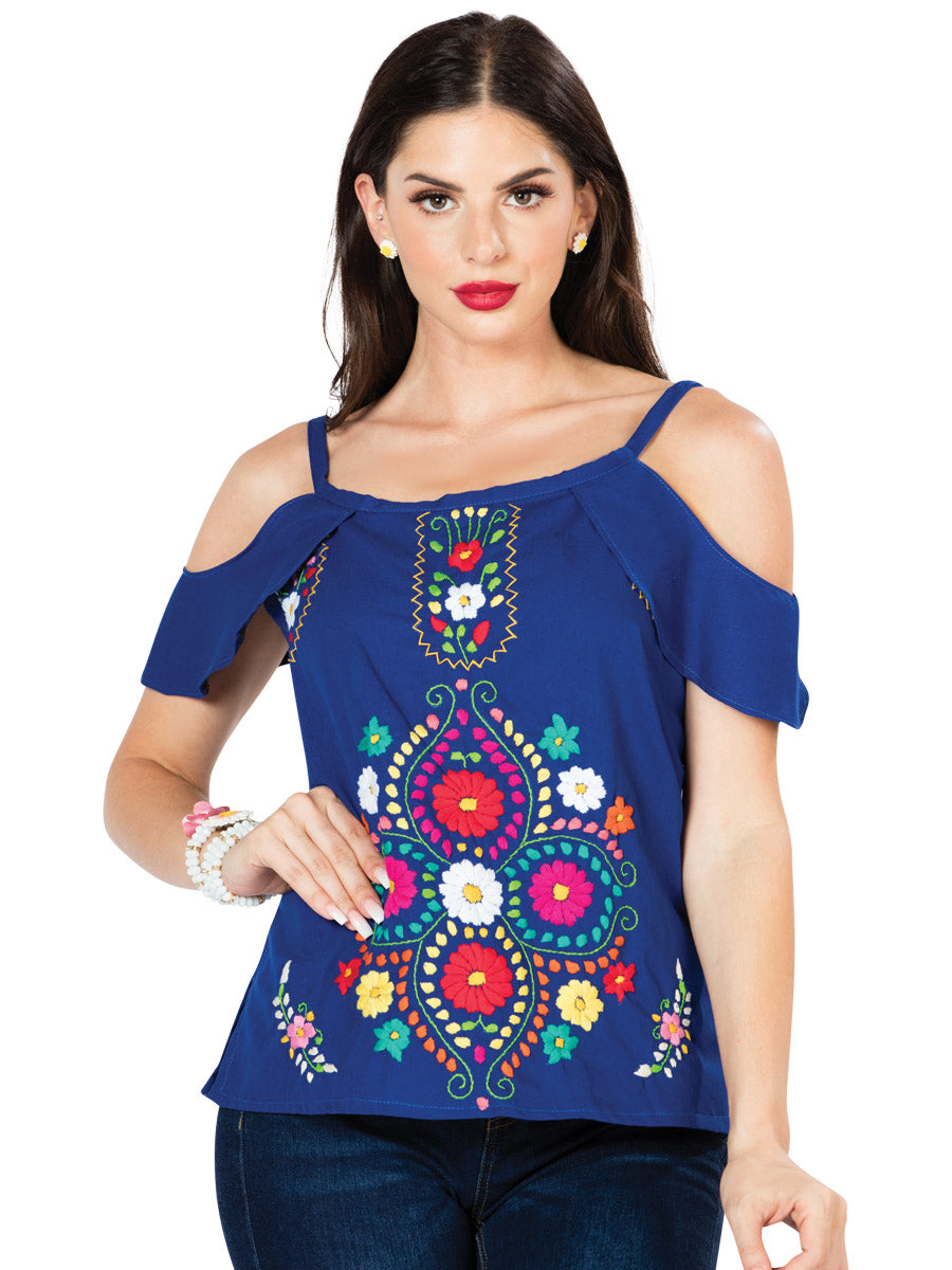 Women's Artisanal Embroidered Blouse 100% Cotton Blue 603069