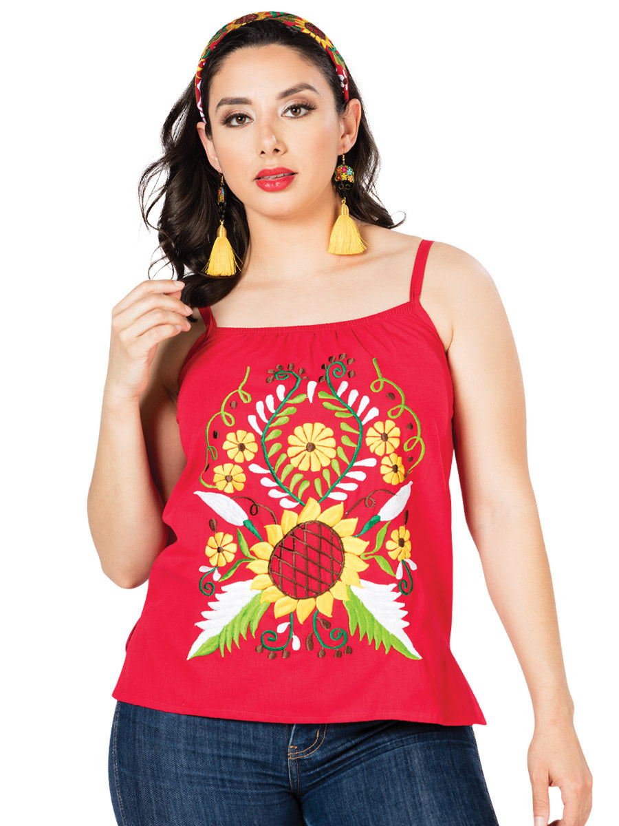 Women's Artisanal Embroidered Blouse 100% Cotton Red 603073