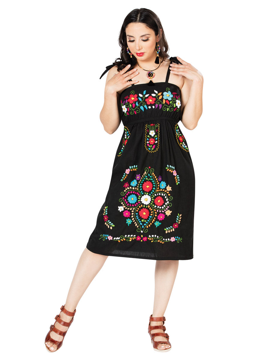 Women's Artisanal Embroidered Dress 100% Cotton Black 603074