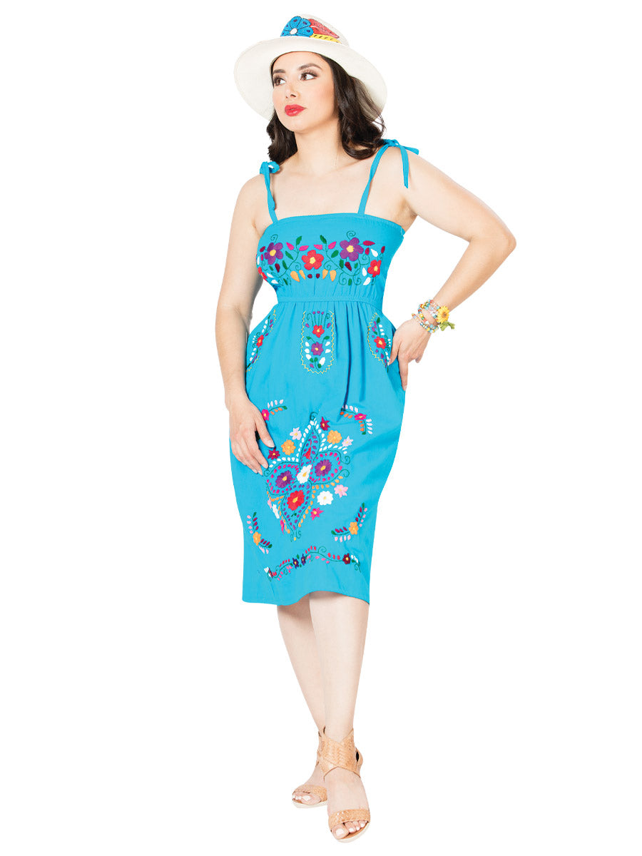 Vestido Artesanal Bordado 100% Algodón Azul 603076