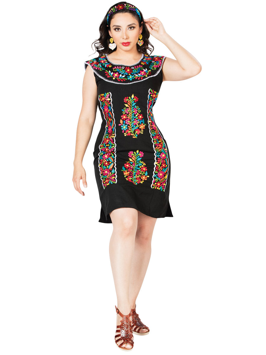 Women's Artisanal Embroidered Dress 100% Cotton Black 603090