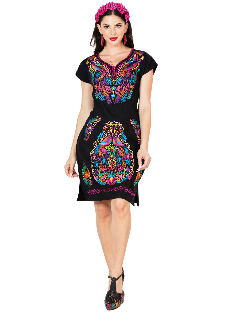 Women's Artisanal Embroidered Dress 100% Cotton Black 603093