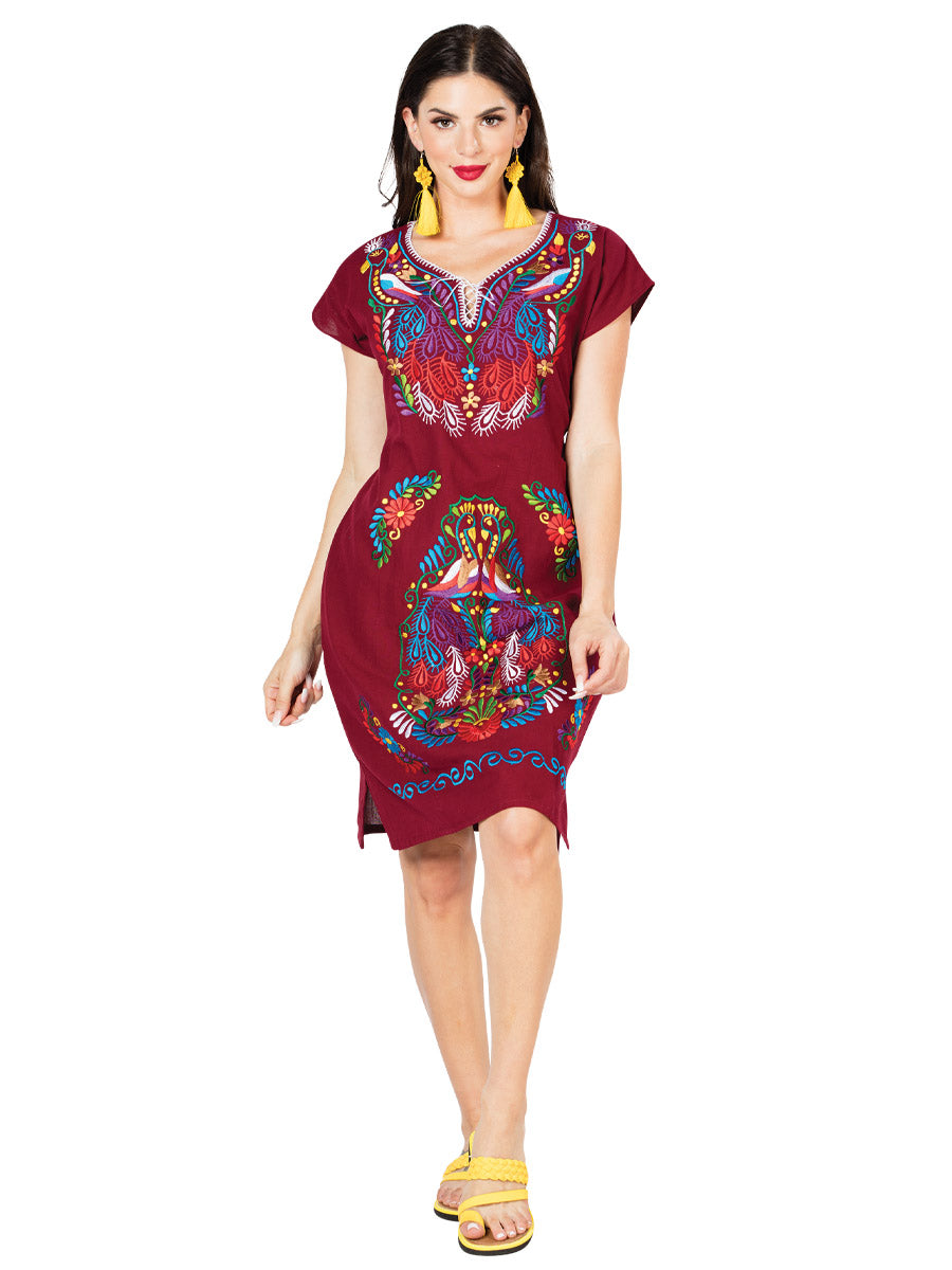 Women's Artisanal Embroidered Dress 100% Cotton Wine 603095