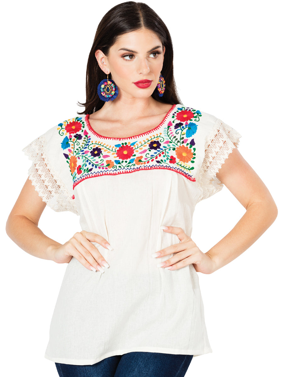 Women's Artisanal Embroidered Blouse 100% Cotton Beige 603097