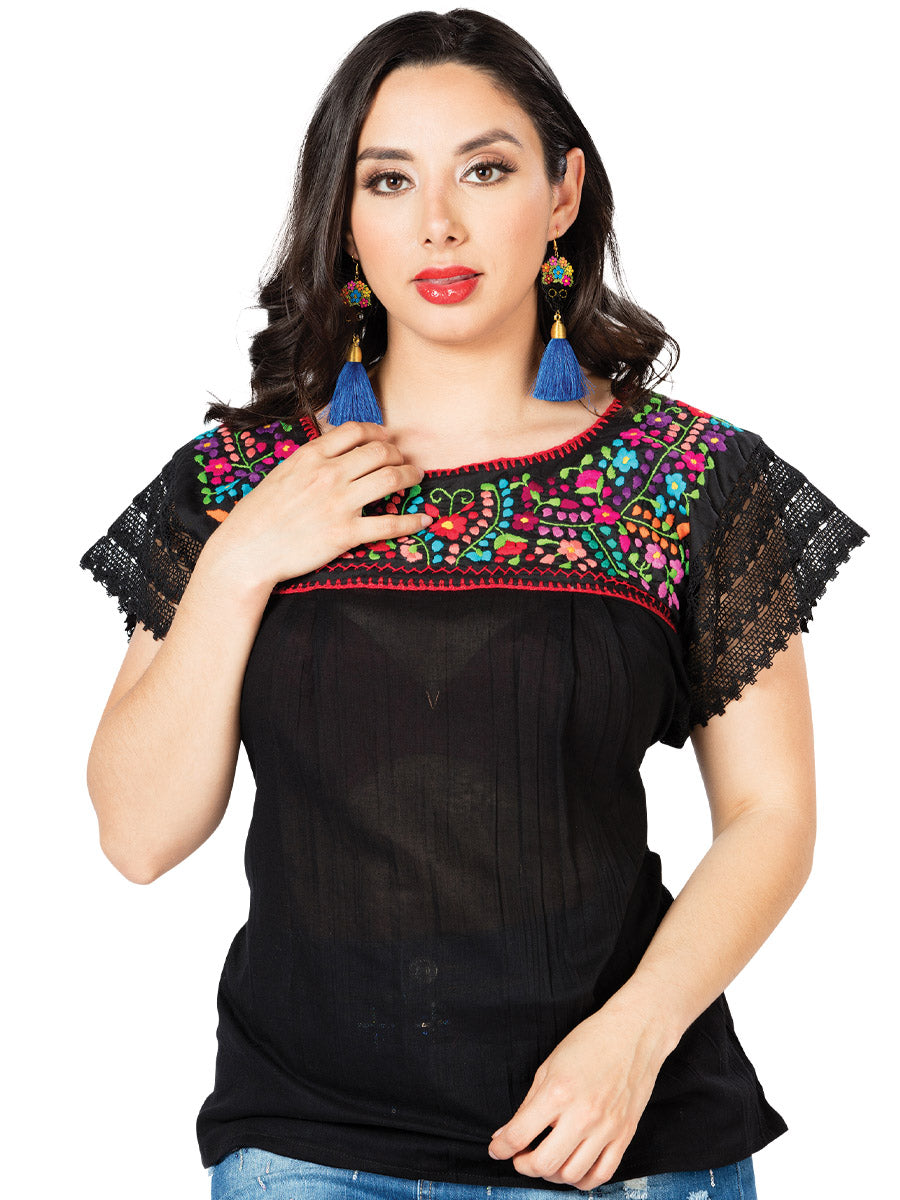 Women's Artisanal Embroidered Blouse 100% Cotton Black 603098