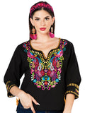 Women's Artisanal Embroidered Blouse 100% Cotton Black 603179