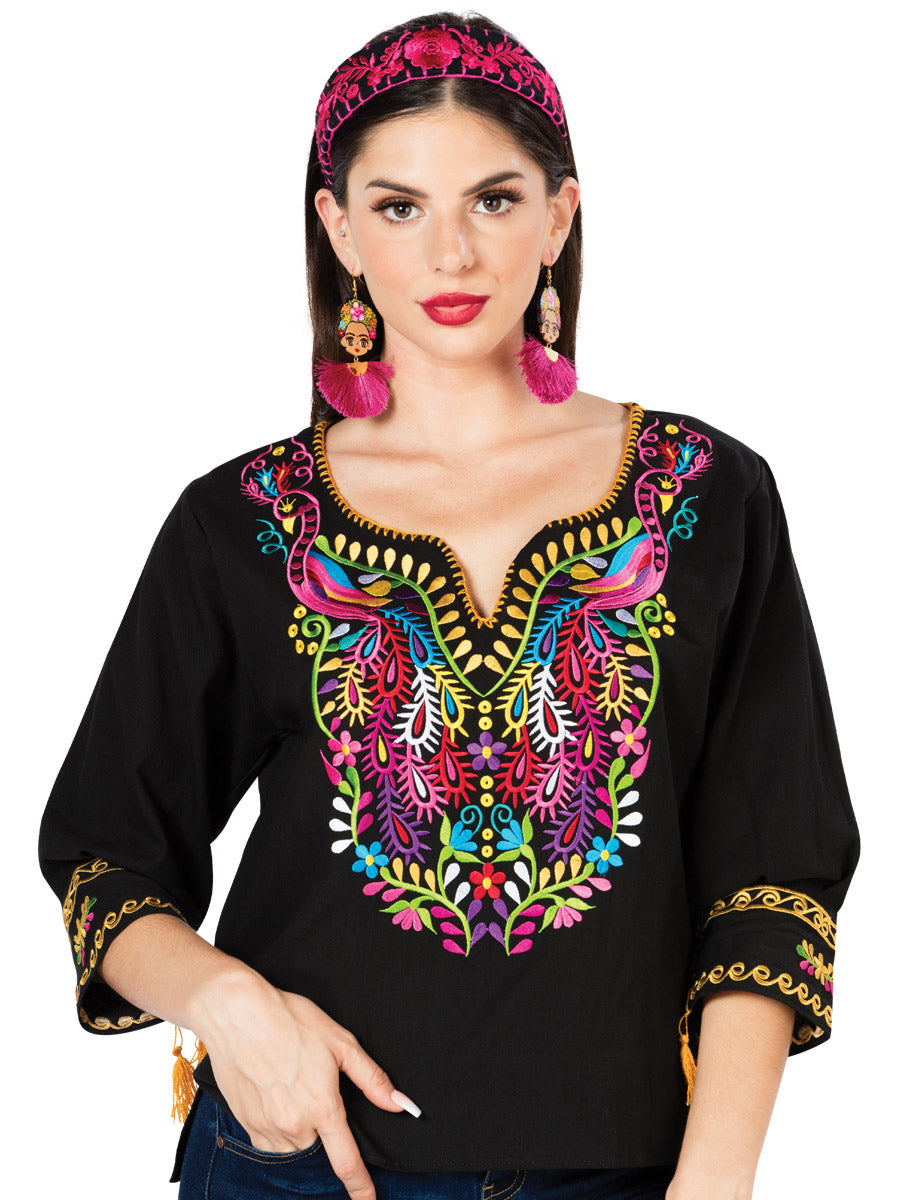 Women's Artisanal Embroidered Blouse 100% Cotton Black 603179