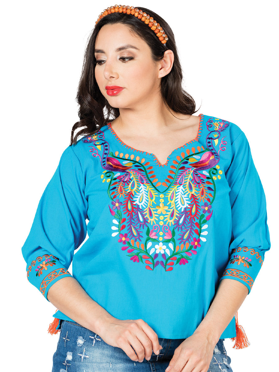 Women's Artisanal Embroidered Blouse 100% Cotton Blue 603181