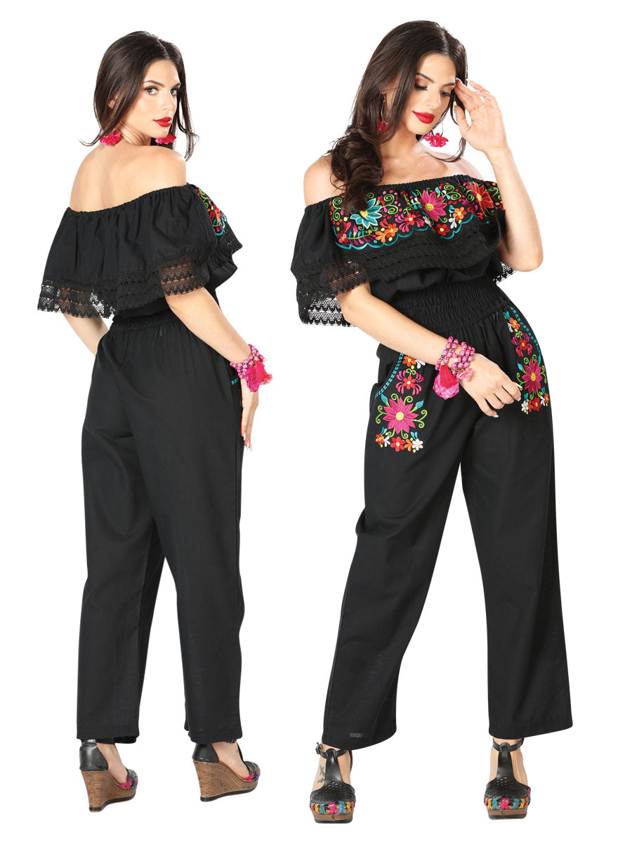 Women's Artisanal Embroidered Jumpsuit 100% Cotton Black 603187