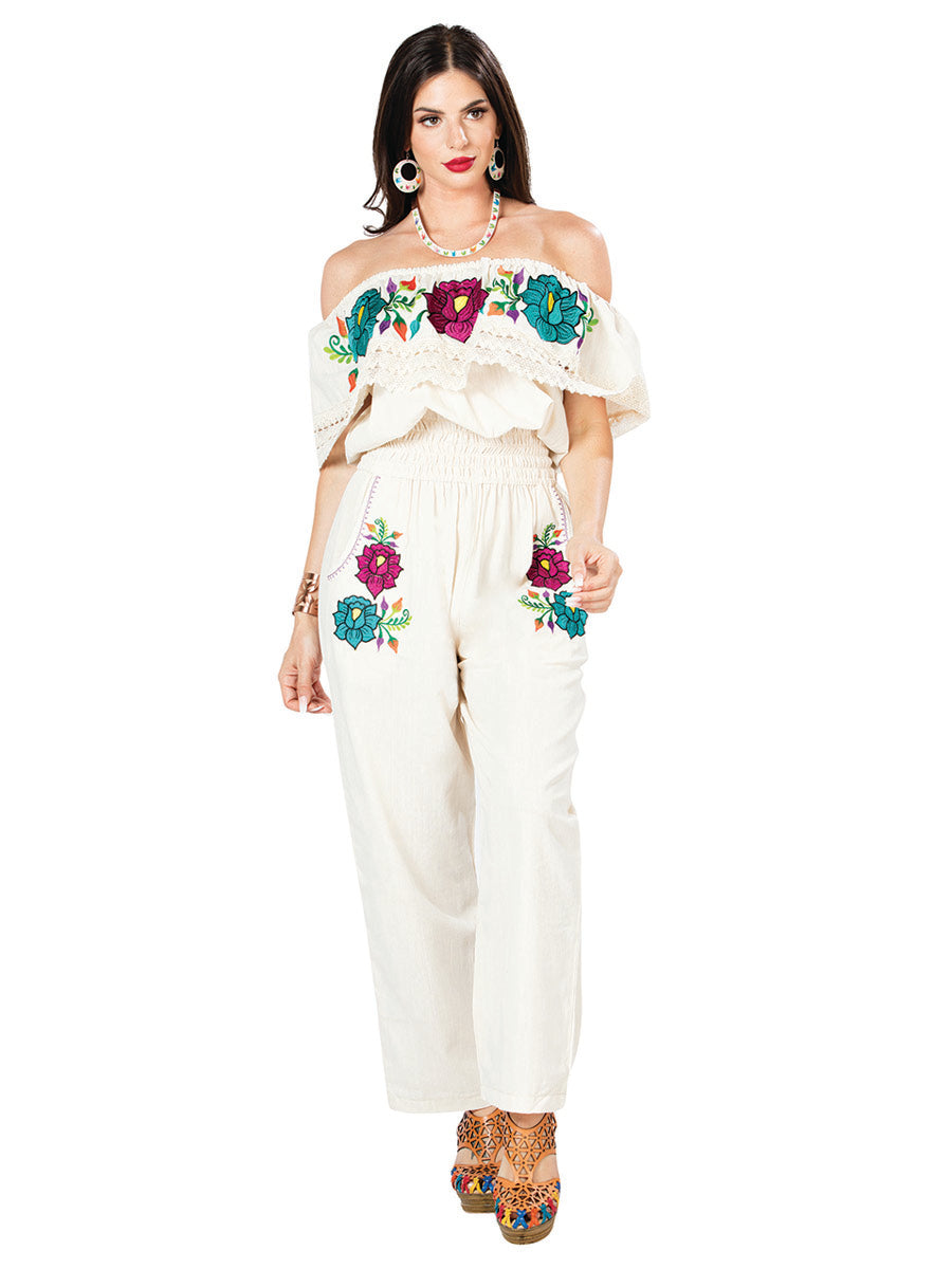 Women's Artisanal Embroidered Jumpsuit 100% Cotton Ivory 603188