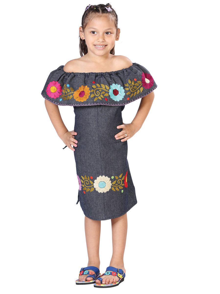 Vestido Artesanal Bordado 100% Algodón Mezclilla Azul 603271