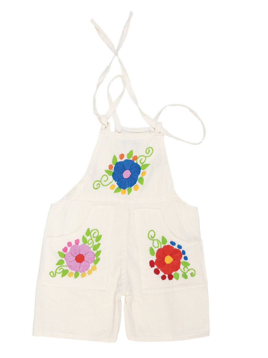 Girls Artisanal Embroidered Overalls Short  100% Cotton Beige 603584