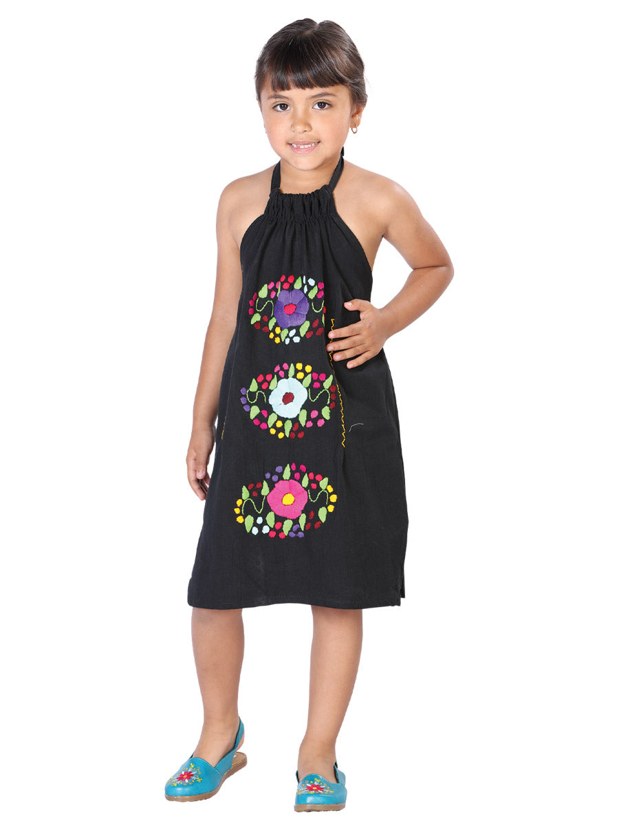 Girls Artisanal Embroidered Dress 100% Cotton Black 603589