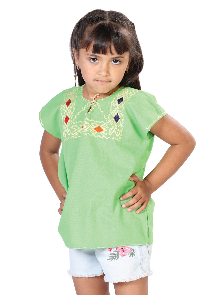 Girls Artisanal Embroidered Blouse 100% Cotton Green 603595