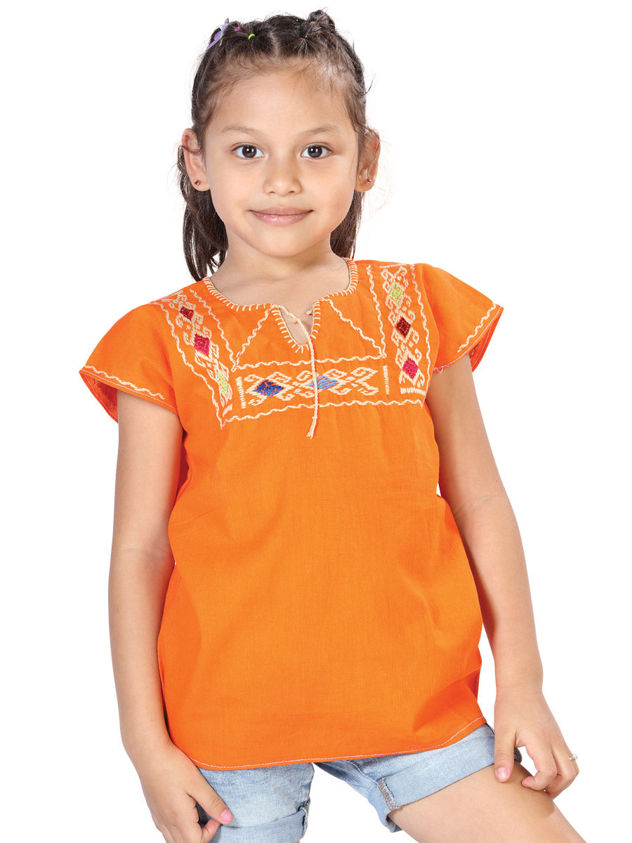 Girls Artisanal Embroidered Blouse 100% Cotton Orange 603597