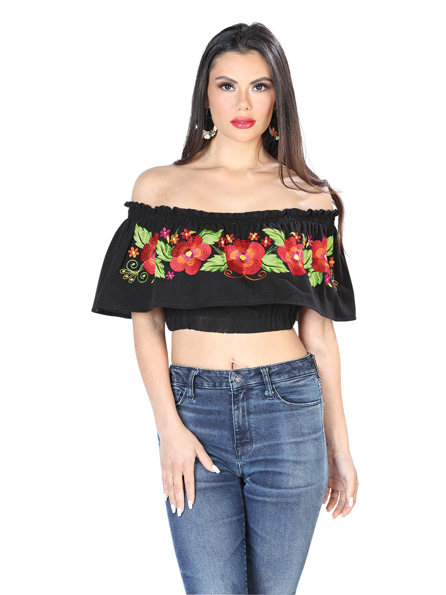 Women's Artisanal Embroidered Blouse 100% Cotton Black 603894