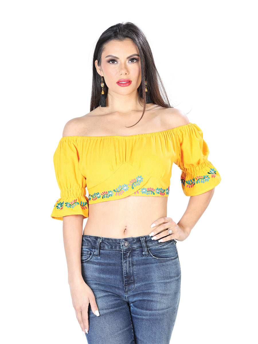 Women's Artisanal Embroidered Blouse 100% Cotton Yellow 603905