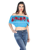 Women's Artisanal Embroidered Blouse 100% Cotton Turquoise 603938