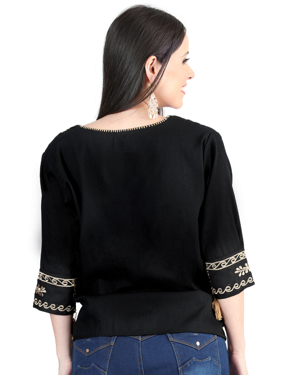 Women's Artisanal Embroidered Blouse 100% Cotton Black 603960