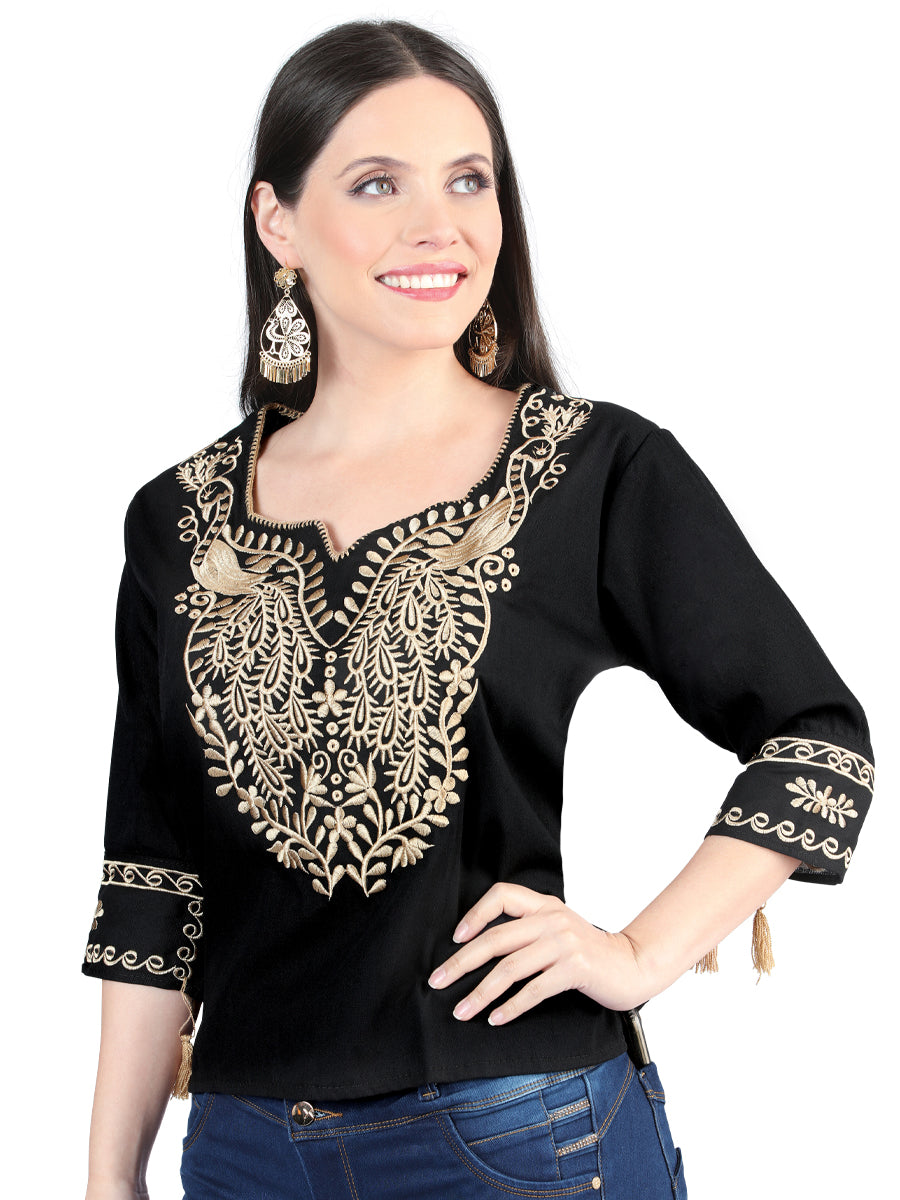 Women's Artisanal Embroidered Blouse 100% Cotton Black 603960